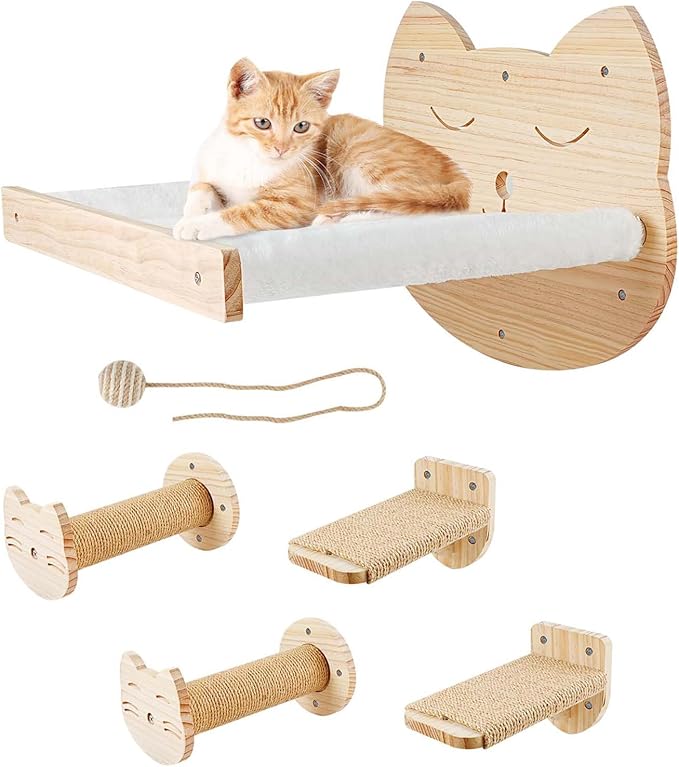 Cat Wall Shelves with 4 Step Scratch Post & Hammock Bed Wooden Floating Climbing Furniture for Sleeping and Playing Indoor Cat Climbing Shelf Corner Shelf Perches Support 20 LBS