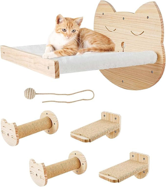 Cat Wall Shelves with 4 Step Scratch Post & Hammock Bed Wooden Floating Climbing Furniture for Sleeping and Playing Indoor Cat Climbing Shelf Corner Shelf Perches Support 20 LBS