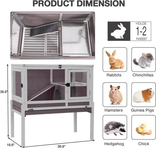 Guinea Pig Cage Indoor with Wheels Rabbit Hutch with Removable Proof Tray and Cool Zinc Plate Chew-Resistant Metal Frame Hamster Cage with Elevated Legs 36.6" L（Grey）