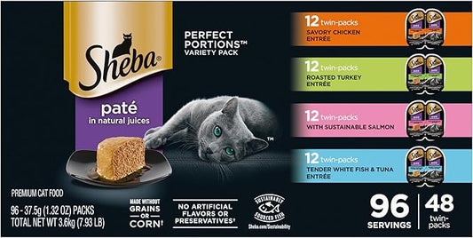 Sheba Perfect Portions Wet Cat Food Pate Savory Chicken, Roasted Turkey, with Sustainable Salmon, and Tender Whitefish & Tuna Variety Pack, 2.6 oz. Twin-Pack Trays (48 Count, 96 Servings)