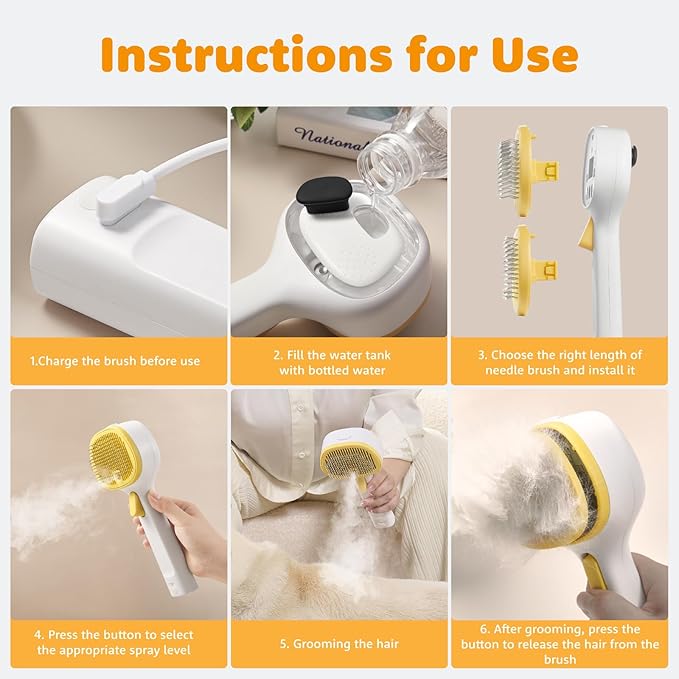 FURGO 3-in-1 Pet Steam Brush for Dogs & Cats – Reduces Static, Long-Pin Head for Long Hair, One-Click Release Button, Dog Spray Brush for Shedding Control (Long)