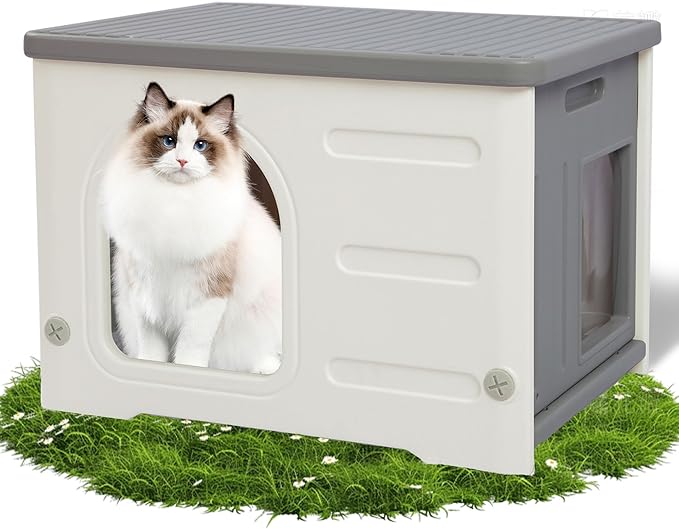 Hicaptain Cat Houses for Indoor Cats with Escape Door Plastic Outdoor Cat House Puppy Feral Cat Shelter for Small Medium Pets-Grey