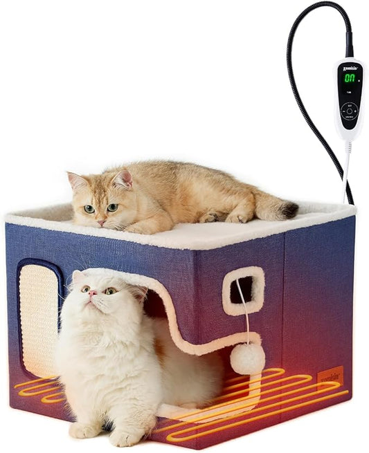 Heated Cat House for Indoor Cats - Cat Warming Bed for Winter with Fluffy Ball Hanging and Adjustable Heating Pad, Foldable Cat Hideaway,16.5x16.5x13 inches, Navy Blue