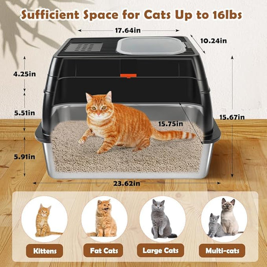 Vivifying Stainless Steel Litter Box with Lid, XL Front Entry Enclosed Extra Large Litter Box for Big Cats & Kitty, Top Exit Metal Cat Pan with Scoop, Mat, Footboard, Charcoal Filter (Black)