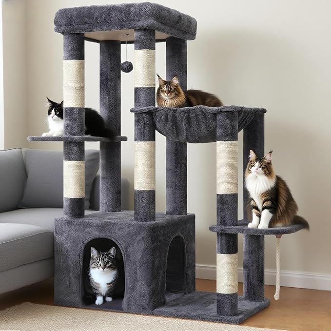 Heybly Heavy Duty Cat Tree, Tower for Indoor Cats Large Adult, Tall Cat Condo House with Extra-Large Baseboard, Multi-Level Plush Furniture with Scratching Posts, Hammock, Toy Ball, Smoky Gray HCT026G