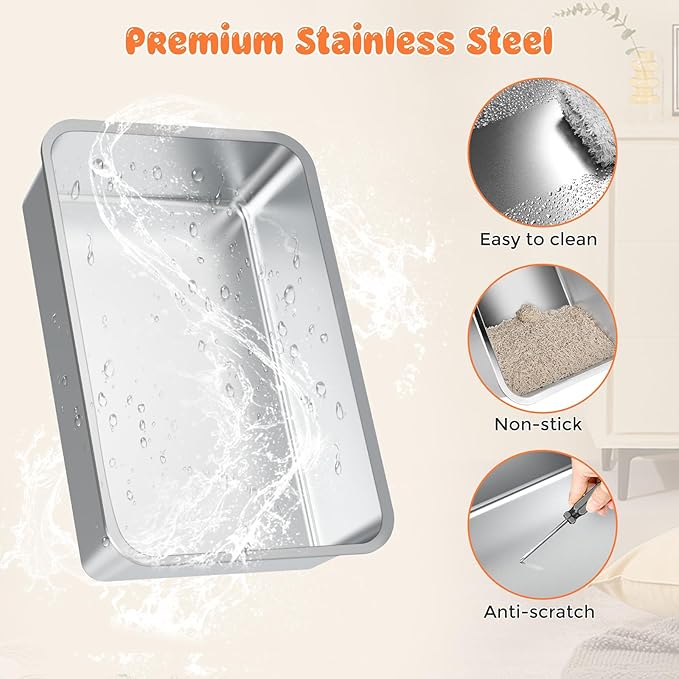 URPOWER Stainless Steel Cat Litter Box with Lid Extra Large Enclosed Litter Box for Cats Non-Sticky Metal Pan with High Sided Enclosure & Scoop, Front & Top Entry, Anti-Leakage, Easy Cleaning