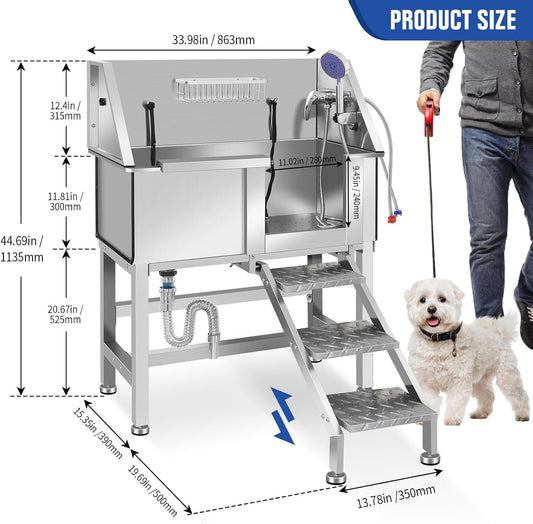 Professional Stainless Steel Dog Grooming Bathtub Station Wash Shower Sink with Faucet Walk-in Ramp and Accessories Pet Grooming Bathtub Station,34" R-RAMP