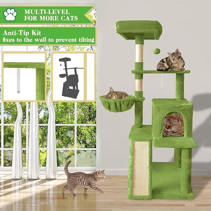 53" Cat Tree Tower for Indoor Cats, Multi-Level Cat Tower Condo with Sisal Scratching Post (Green)