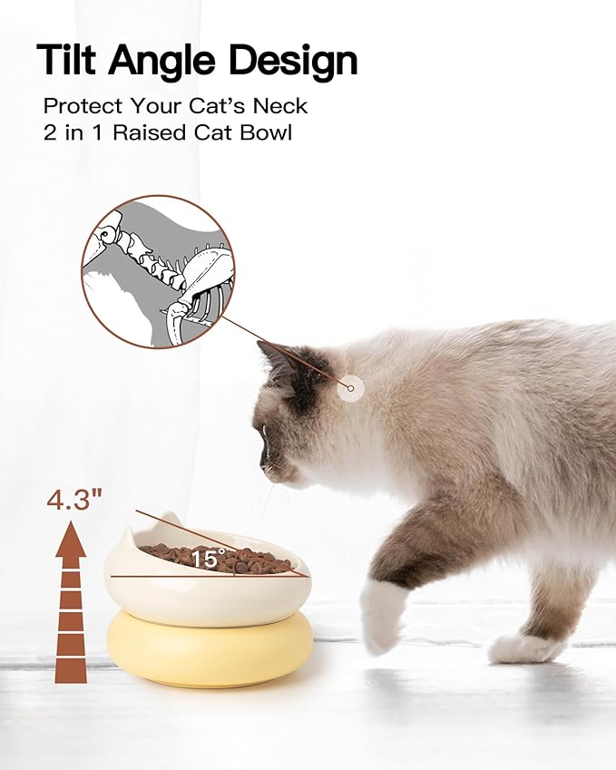Cat Bowl, Ceramic Cat Bowls Food and Water Bowl Set, Whisker Friendly Cute Kitten Food Bowls for Protecting Pet's Spine, Beige & Yellow