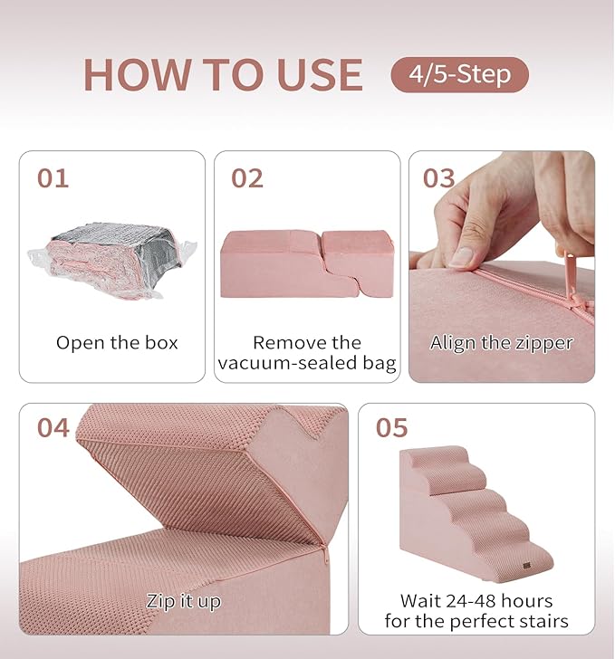 Made4Pets Dog Stairs Ramp for High Bed, 5-Step Pet Stairs for Bed Couch Sofa Climbing, 35D Foam Pet Steps for Small Dogs and Cats, Non-Slip Bottom Dog Steps, Pink