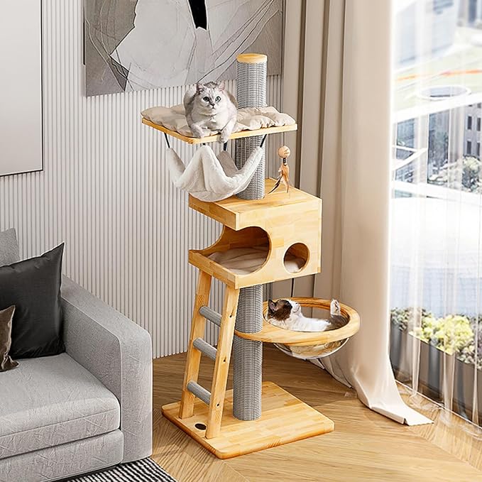 62.6'' Tall Wooden Cat Tree for Indoor Cats,Luxury Cat Tower with Cat Condo,Hammock,Clear Bowl,Thickened Sisal Scratching Post,Climbing Ladder,Heavy Duty Cat Furniture for Small Medium Large Cats