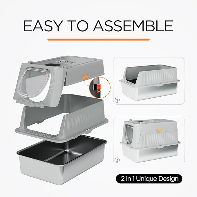 Citylife Stainless Steel Cat Litter Box with Lid，XL Extra Large Enclosed Removable Metal Litter Box with Litter Scoop&Double Layer Litter Mat,Non-Sticky，Non-Odor,Easy Cleaning, for Big Cats，Grey