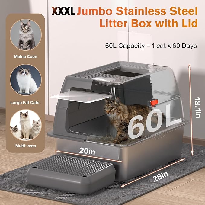 XXXL Stainless Steel Litter Box with Lid, Extra Large 28" Lx20 Dx18.1 H Litter Box for Big Cats, Enclosed Jumbo Metal Litter Boxes with Removable Cover & Footboard, Anti-Leakage,Odorless