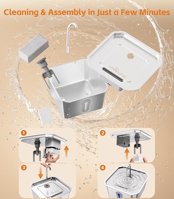 Cat Water Fountain Stainless Steel 135oz/4L Pet Water Fountain for Cats Indoor with 16 Filters Pets Dog Small Animal Automatic Dog Water Dispenser with 8 Filters 8 Sponges Quiet