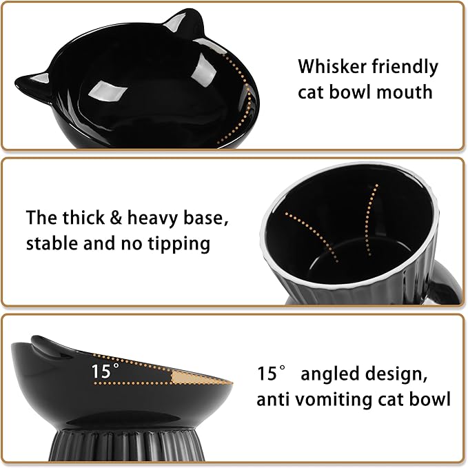 Ceramic Raised Cat Bowl，Tilted Raised Bowl Anti Vomit for Indoor Cats Whisker Friendly Pet Feeder for Cats Puppies, Microwave and Dishwasher Safe (Black)