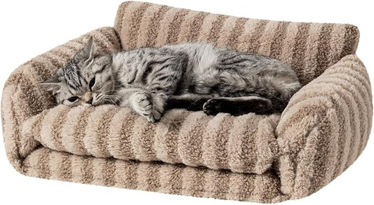 Hollypet Cat Bed Fluffy Plush Mutifuctional Double-Layer Soft Pet Couch Orthopedic Sofa Nest Beds for Small Cats and Dogs, Khaki (21x15x8 inch)
