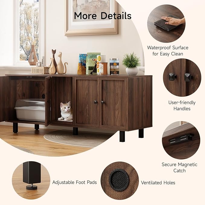 59 Inches Cat Litter Box Enclosure for 2 Cats, Hidden Litter Boxes Furniture with Cat Scratch Pad, Large Indoor Pet House with Double Room, Wooden TV Stand Side Table, Walnut