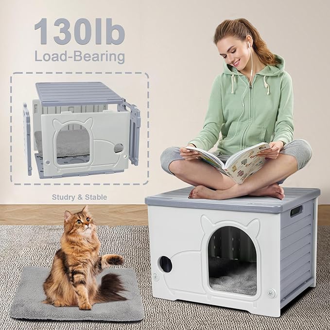 Heated Cat House, Cat Shelter Indoor, Weatherproof Waterproof Plastic Stackable Cat House for Winter with Heating Mat(Gray)