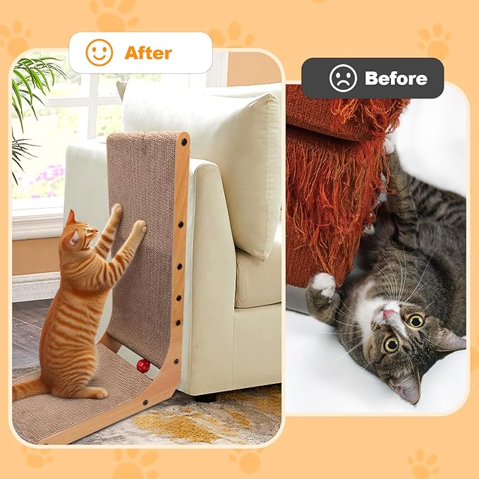 L-Shaped Cat Scratcher 2-in1 Scratching Board for Indoor Cats Protecting Furniture Cardboard Box Scratch Pad with Ball Toy