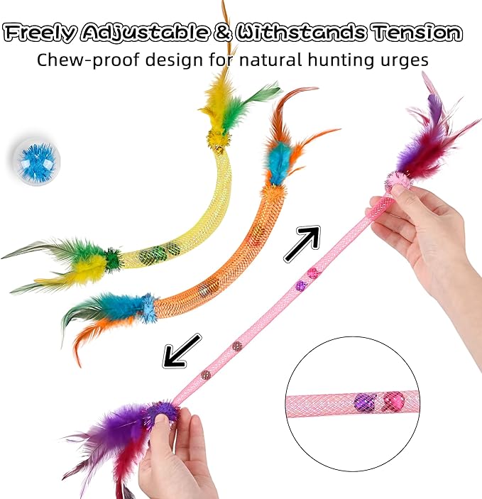Cat Toy Set - 4 Styles Interactive Cat Feather Toy with Catnip & Dental Mesh & Bells, 2 Style Sparkle Balls & Matatabi Silvervine Sticks for Teeth Cleaning, Ideal for Cat Birthday Gifts