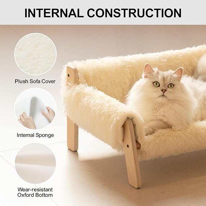 MEWOOFUN Cat Couch Bed, Pet Sofa for Indoor Cats Wooden Indoor Elevated Cat Beds with Removable Mattress Cover Suitable for Kitty, Puppy or Small Animal (Beige, Medium)