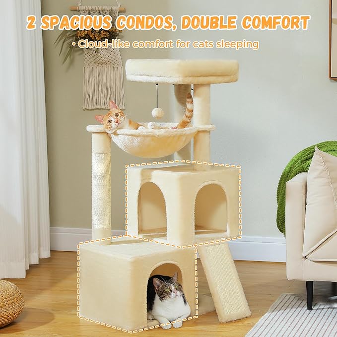 PAWZ Road Large Cat Tree, 41 Inches Multi-Level Cat Tower with 2 Spacious Condos for Indoor Cats, Large Cat House with Comfy Hammock, Padded Perch, Scratching Pad and Replaceable Balls