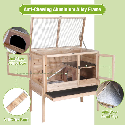 GUTINNEEN Indoor Guinea Pig Cages - Wooden Rabbit Cage Bunny Hutch with Chew-Proof Ramp, Pull-Out Tray, Leakproof PVC Layer & Detachable Legs for Rabbits, Guinea Pigs (Natural Wood)