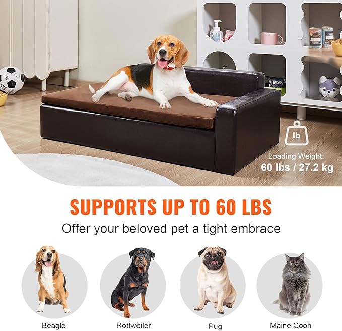 VEVOR Dog Bed, Dog Couch for Small Dogs and Cats, Leather Pet Sofa and Chair, 60 lbs Load Capacity, Black/Brown
