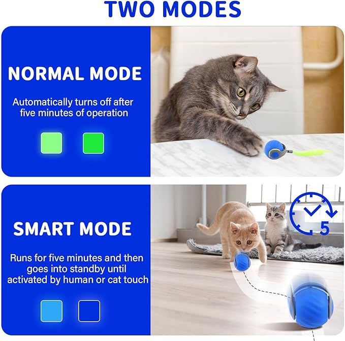Interactive Cat Ball Toy with Feather, Smart Ball for Indoor Cats, Motion Activated Automatic Cat Toys, USB Rechargeable Toys, Blue