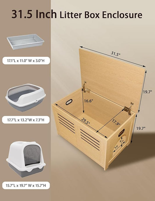 DINZI LVJ Litter Box Enclosure, Flip Top Litter Box Furniture, Hidden Cat Washroom, Wooden Cat House, End Table, 31.5" L x 19.7" W x 19.7" H, Good Ventilation, Easy to Assemble, Natural