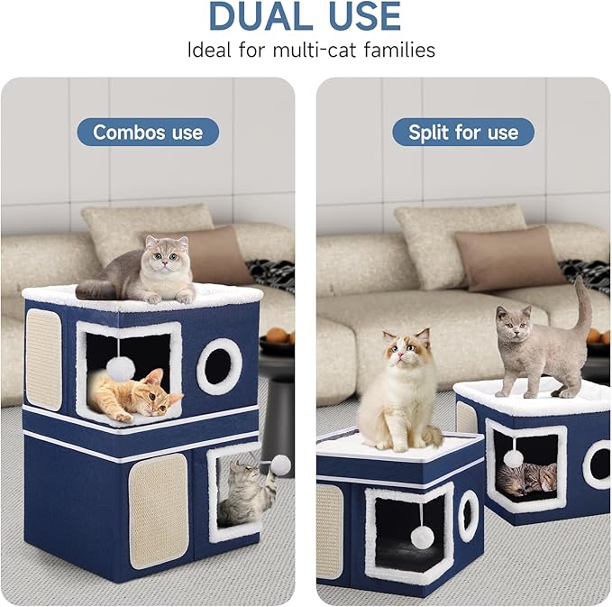 2-Storey Cat House for Indoor Cats, Large Double Cat Bed Cave with Hideaway Condos, Scratch Pads, Hanging Balls, Foldable Indoor Cat House Hold Up to 30LBS, Cat Cube for Multiple Cats Kitten, Blue