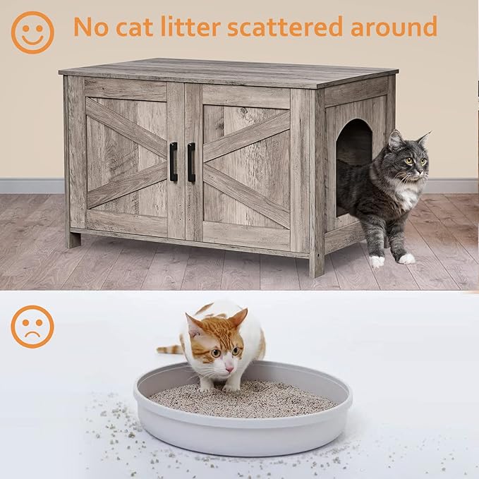 Homhedy Cat Litter Box Enclosure, Wooden Cat Washroom Furniture with Barn Door, Pet House, Fit Most of Litter Box, Greige