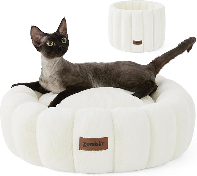 Plush Donut Kitten Beds, Round Small Dog Bed for Puppies, Anti-Slip Bottom, Beige