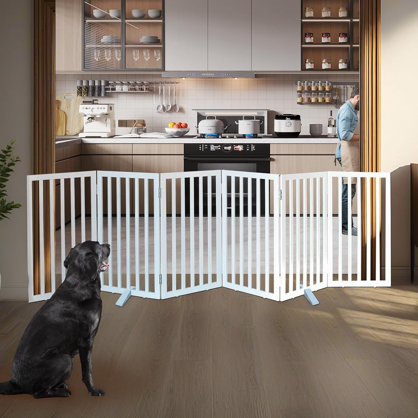 ZJSF Freestanding Indoor Dog Gate for House Foldable Wood White Puppy Gate for Doorways Pet Gate for Stairs Extra Wide Pet Fence 32" Height 6 Panels