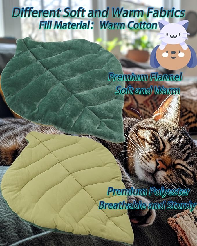 Cat Mat Self Warming Cat Bed 26"x20" Leaf Shaped Cotton Soft Warm Pet Pad Blanket for Indoor Bed Couch Sofa Floors Cat and Dog Warm Mattress (Green)