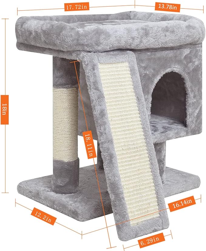 SYANDLVY Small Cat Tree for Indoor Cats, Cat Tower with Scratching Post, Modern Activity House for Large Cats, Condo with Board, Kittens Cave (Light Grey)