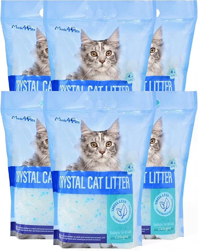 Made4Pets Cat Litter Crystals, Non Clumping Cat Litter Odor Control Kitty Litter Non Clumping No scooping Low Dust, Low Tracking, Lightweight, Dehydrates Waste,Cologne– 25.8 lbs (6 x 4.3 lb Packs)
