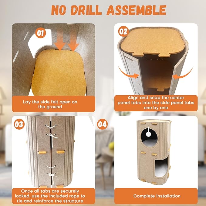 Homegroove Cat House for Indoor Cats, 2-Storey Cozy Felt Cat Bed Cave with Tunnel Hideaway, Large Multi-Cat Condo for Rest & Play (Camel, Large)