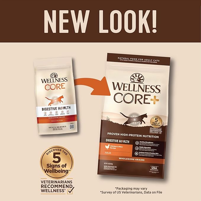 Wellness CORE+ Adult Dry Cat Food for Indoor and Outdoor Cats, Wholesome Grains, Natural, Digestive Health Chicken & Rice (11 Pound Bag)