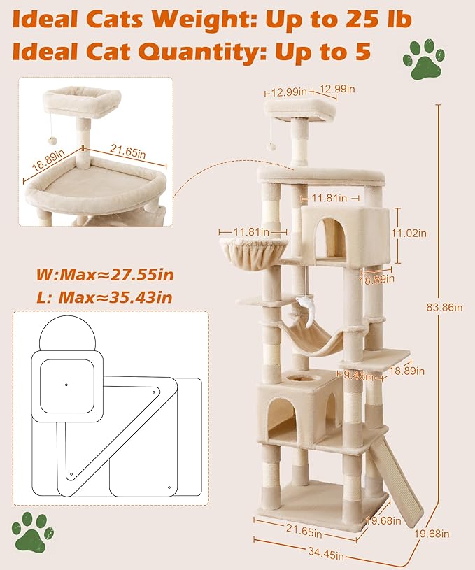 AMHANCIBLE Large Cat Tree, 83 Inch Multi-Level Tall Tower for Indoor Adult Cats, with Scratching Post and Board, Hammock, Condos, Hanging Basket, Activity Center to Play and Sleep, Beige, PT21BG