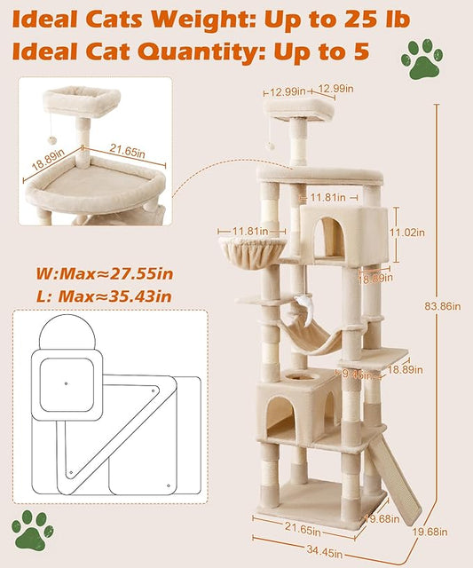 AMHANCIBLE Large Cat Tree, 83 Inch Multi-Level Tall Tower for Indoor Adult Cats, with Scratching Post and Board, Hammock, Condos, Hanging Basket, Activity Center to Play and Sleep, Beige, PT21BG
