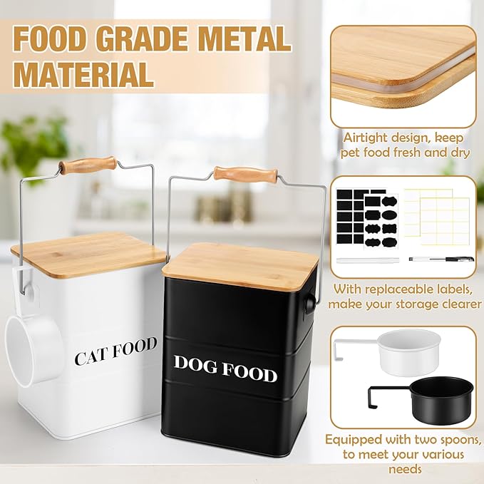 Tioncy 2 Pcs Metal Dog and Cat Food Storage Containers Big Pet Food Containers with Bamboo Lids and Spoon Airtight 5-7 Lbs Dog Cat Treat Snack Jars with DIY Labels for Kitchen Counter(White,Black)