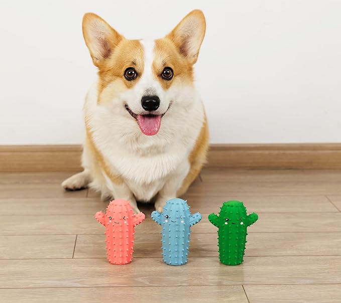 3 Pack Squeaky Dog Toys for Medium Dogs, Soft Latex Rubber Cactus Dog Ball, Cute Bounce Squeak Pet Toy