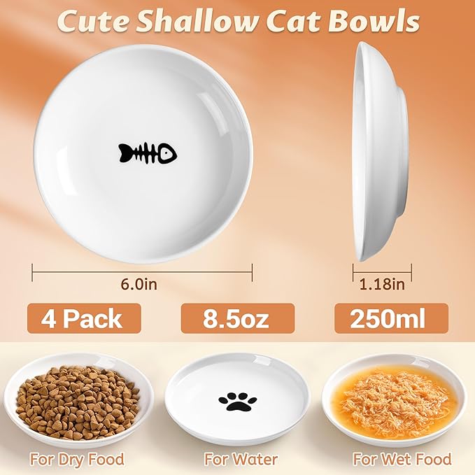 Cat Bowls, Ceramic Cat Food Bowl Set with Silicone Ring for Non Slip, Cute Cats Dishes and Plates for Feeding Indoor Cats, Kitten, Small Dogs (White-4 Pack, 6 Inches)