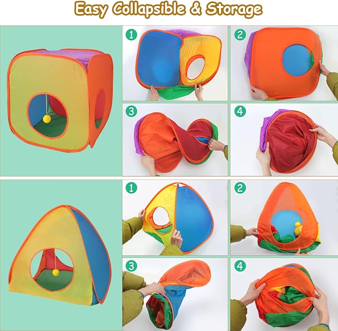 Rypet Cat Tunnels for Indoor Cats with Cube Tent Toys Combo Pop Up Collapsible Crinkle Interactive Peek Hole Cat Tube with Play Ball and Bell for Kitten, Puppy, Kitty, Rabbit