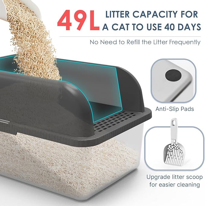 8" Deep Stainless Steel Litter Box with Lid Extra Large Cat Litter Box for Big Cats XL Metal Litter Pan Tray with High Wall Sides Enclosure, Non-Sticky, Anti-Leakage (Charcoal Gray)