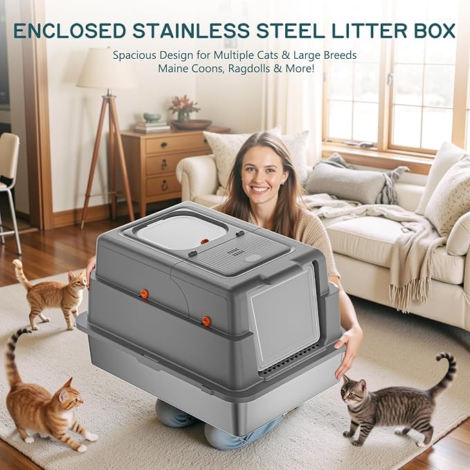 Stainless Steel Litter Box with Lid, 28" XXXL Large Cat Litter Box Enclosure for Multiple Cats, Odor Control with Carbon Filters, Anti-Leak High Sided, Includes Removable Lid & Scoop, Dark Gray