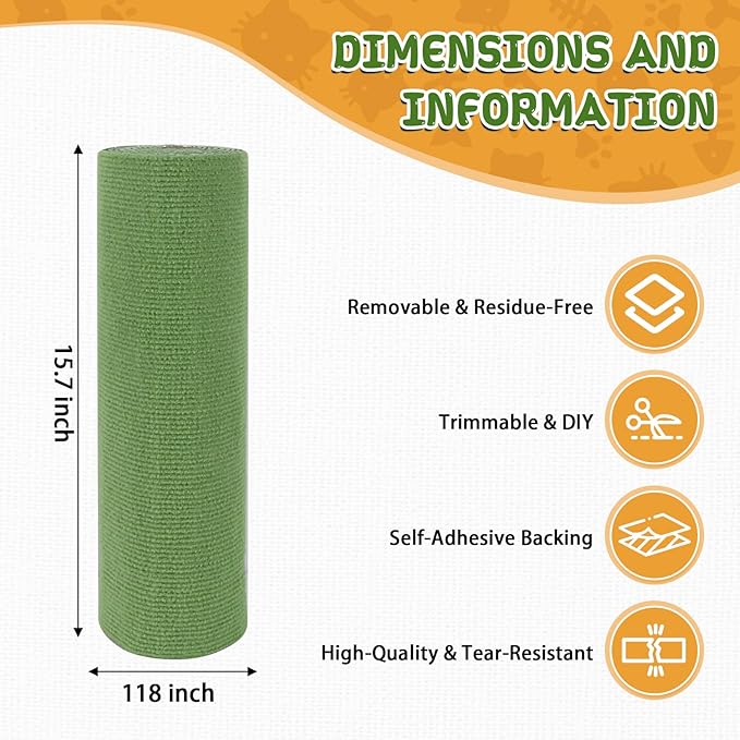 Climbing Cat Scratcher Mat Trimmable Cat Scratching Post Carpet 118’’x15.8’’ Self Adhesive Carpet Mat Pad Replacement for Cat Tree Shelves Post Couch Wall Furniture Steps DIY Protector (Green)