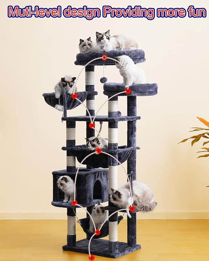 Cat Tree, Cat Tower for Large Cats with 2 Big Platforms, 2 Baskets, condo and Toys, 63" Cat Scratching Posts for Indoor Cats, Smoky Gray GCT020G