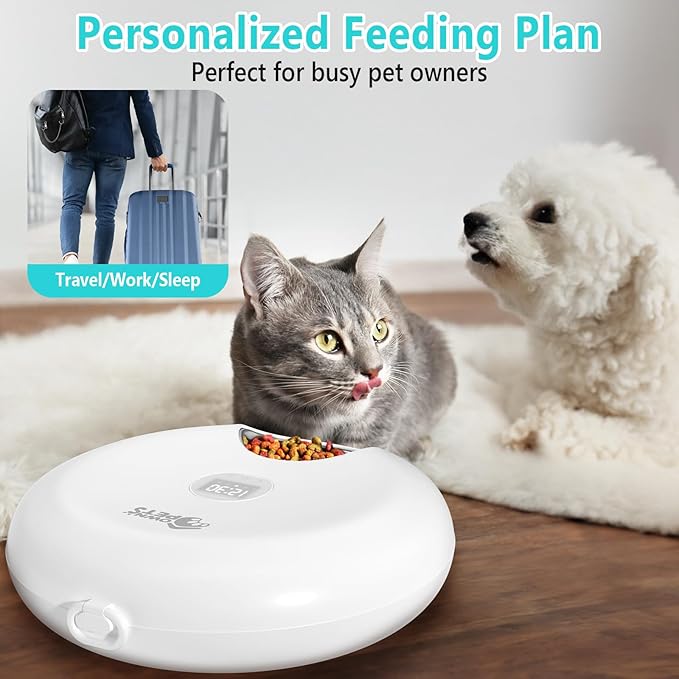 Ownpets Automatic Cat Feeder for Wet Food, with Stainless Steel Tray, 6 Meals Rechargeable Auto Pet Feeder with 2 Ice Packs, Cat Food Dispenser for Cats Small Dogs